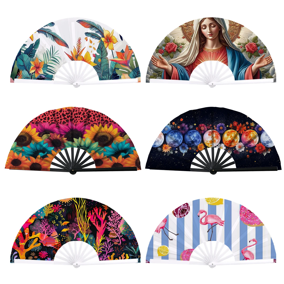 Line Dance KungFu Folding Clacking Hand Fan Loud Voice Sublimation Blank Large White Fan Black Plastic Handle 33cm Polyester Fan
