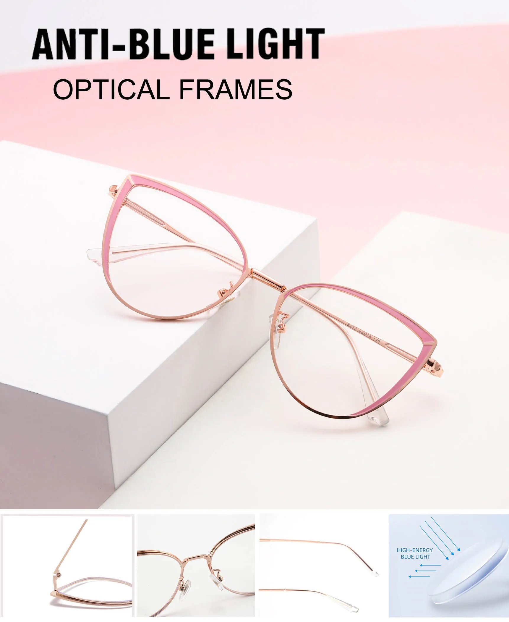 Eyewear Trendy Cat Eye Metal Frames Spectacle Glasses Anti Blue Light
