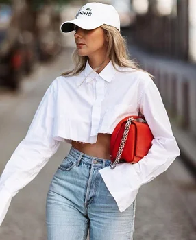2022 Hot Selling Women's wear 100% Cotton White Shirt Long Sleeves Turn Down Collar Irregular Crop Top Shirt Sexy Shirt