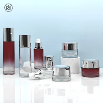 30g 50g 40ml 100ml 120ml Luxury High end cosmetic packaging set red frosted celar color Glass cream jars and toner lotion bottle