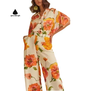 Women Orange Floral Print Loose Style Jumpsuit Short Sleeve Button Front Wide Leg Woven Hawaii Style Printed Casual Jumpsuit