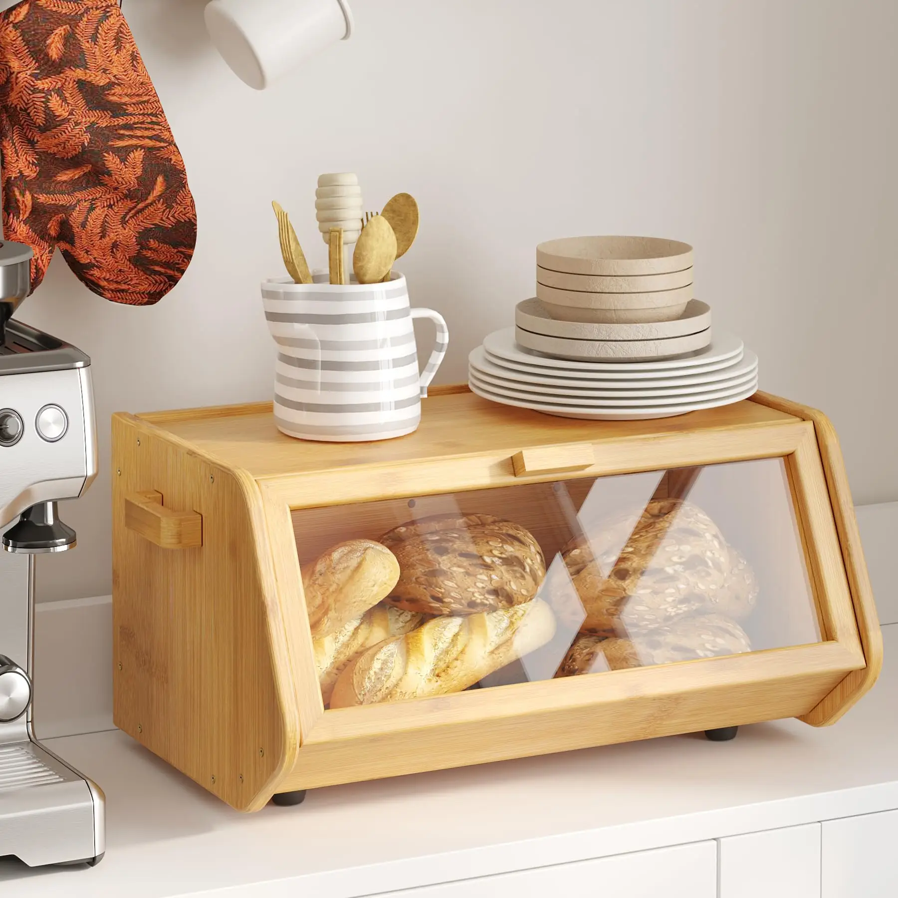 Large Capacity Bread Box Bamboo Box Kitchen Cabinet Organizer Bread Storage Container Home Products for Kitchen Countertop