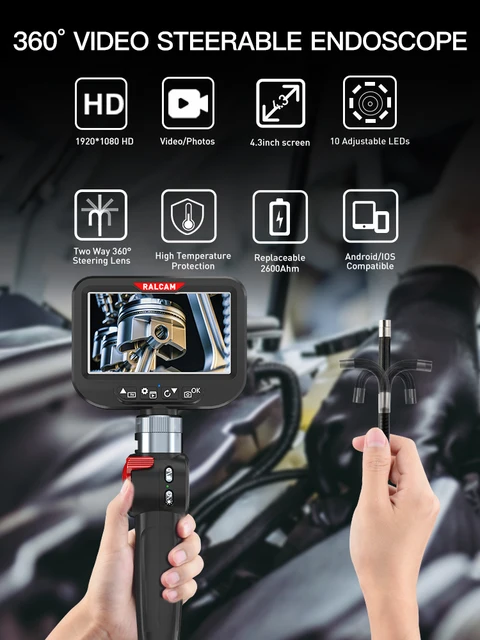 Ralcam Caméra endoscopique 6,2 mm - Endoscope pivotant à 360° - 4,3 HD  720P - Caméra d'inspection avec tube lumineux - Caméras avec 6 LED -  Étanchéité IP67 - 1 m : : Auto et moto