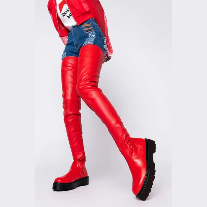 flat thigh high boots red