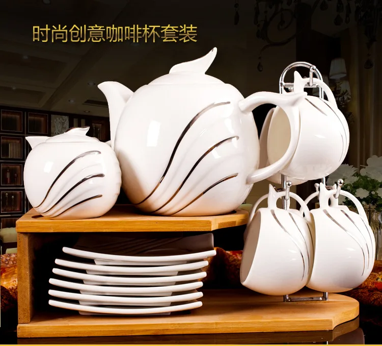 Luxury Jingdezhen Porcelain Coffee Pot Cup Set White Silver Line