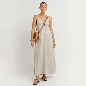 French Fashion Suspender Plain Cotton Linen Women's Dress Bohemia Sexy Backless Dresses