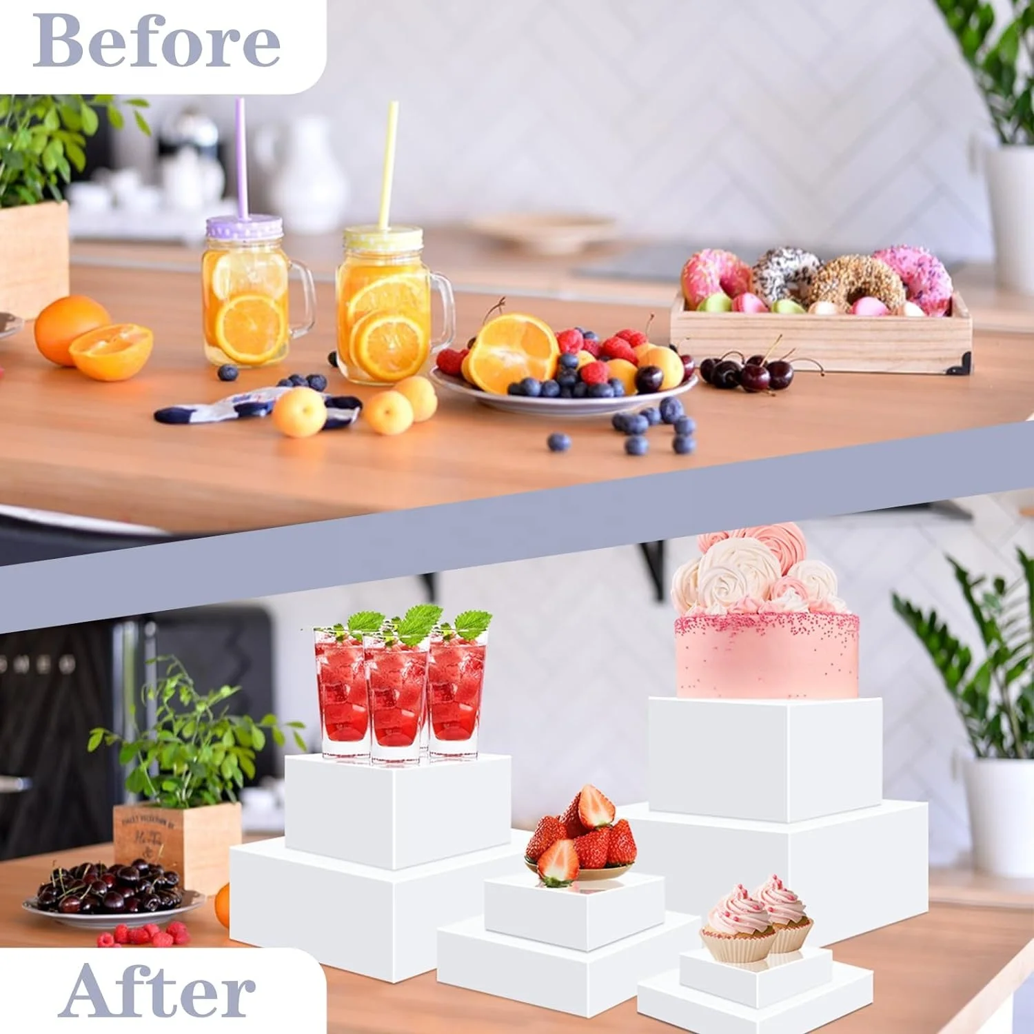 8Pcs White Acrylic Riser for Display Cube Box Dessert Display Stand with Hollow Bottoms 8 Different Size for Wedding Party Decor