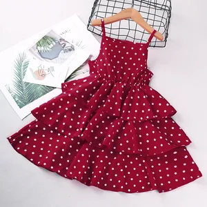New Cute O-Neck Cupcake Dress Girls Dot Printed Slip Spaghetti Strap Ruffle Princess Hot Sale Summer Kids ODM Dresses