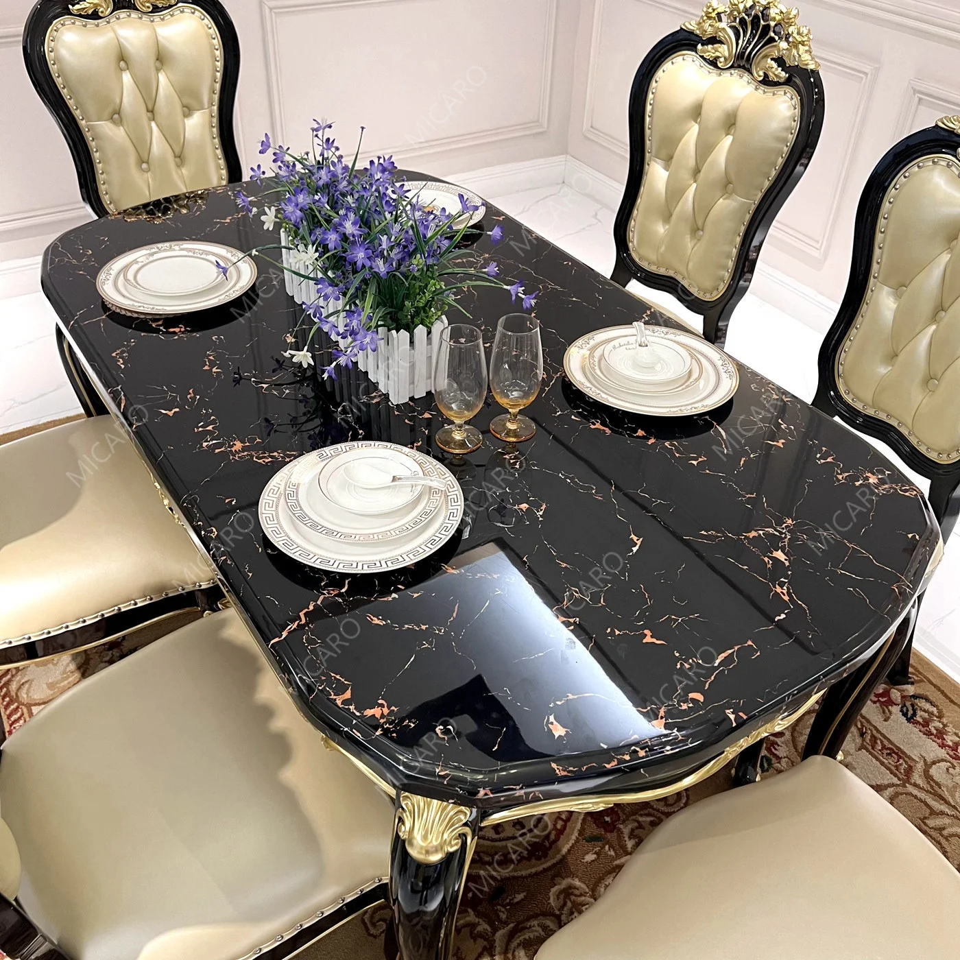 French Model Latest Design of Ebony Black Color Marble Top Wooden Antique Dining Table with 6 Chairs