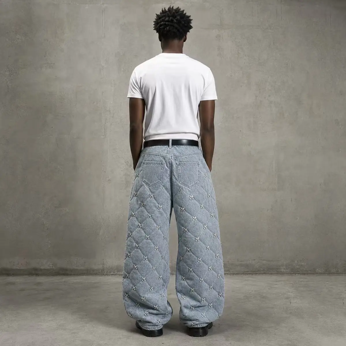 Wholesale Light Blue Cotton Padded Double Layer Quilted Rhinestone Warm Baggy Wide Leg High Waist Y2K Winter Men Denim Jeans gallery 2