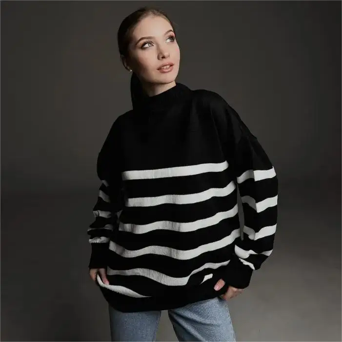 2025 Fall Winter Sweater Manufacturer Custom Russia Black Sheep Wool Acrylic Crew Neck Woman Striped Knit Sweater