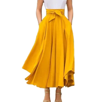 New Fashion Women Girls Europe And America Solid Color Bow Belt Big Hem Hot Sell Dress Long Skirt