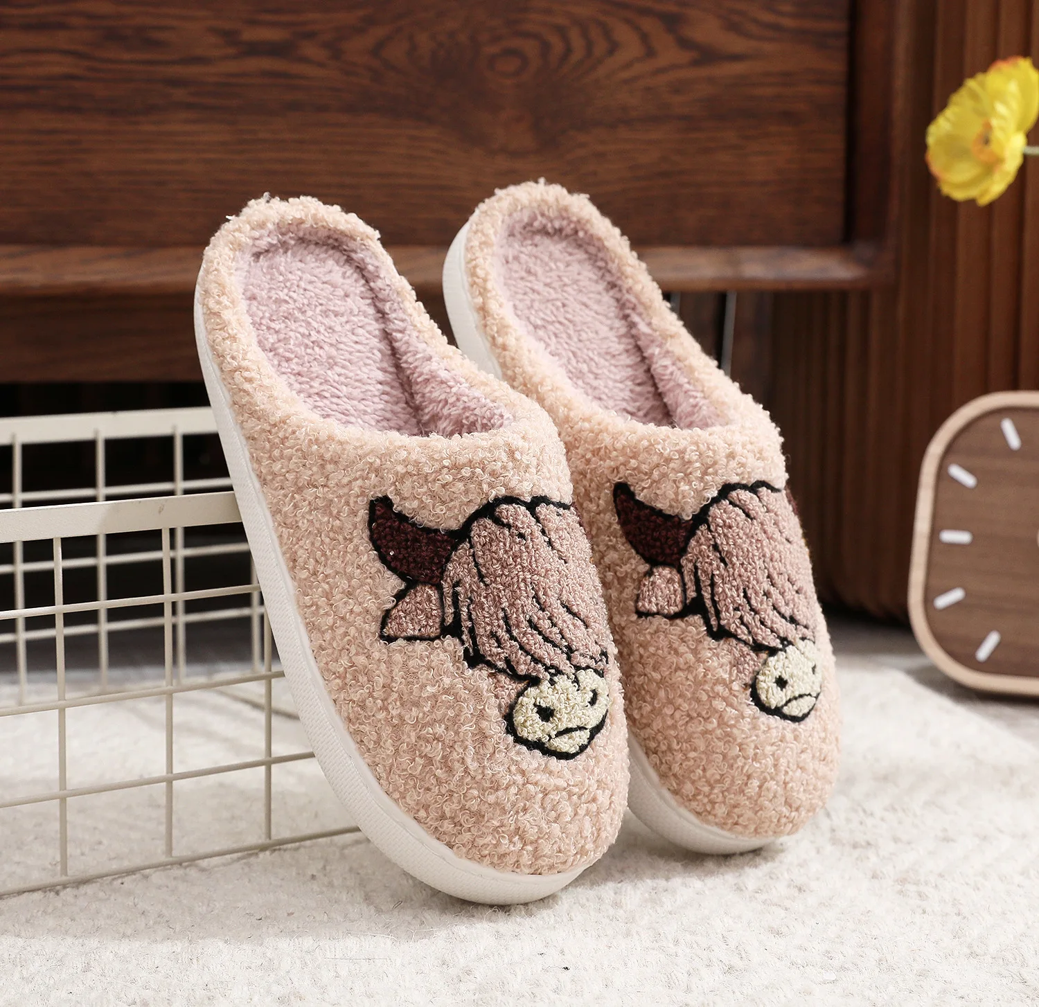 Pantuflas de algodón con estampado de vaca animal de Navidad para adultos  hombres y mujeres hogar invierno Highland ganado