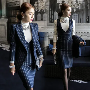 YHX9 Wholesale 2 Pieces Navy Striped Fashion Women Formal Business Suit Design Ladies Office Skirt Suits