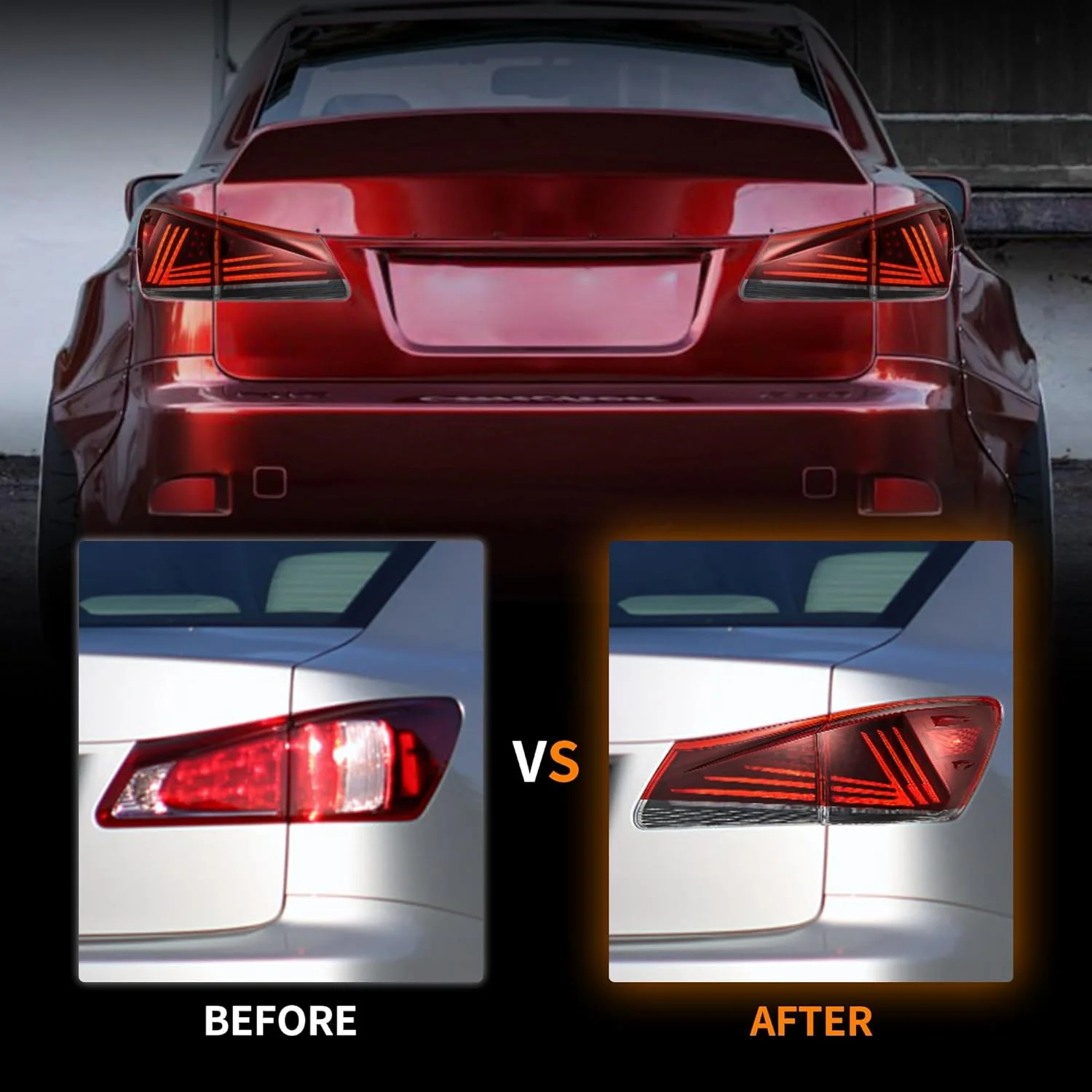 VLAND LED Tail Light Kit For Lexus IS250 IS350 ISF 2006-2013 – Red Lens, Black Housing, DOT/SAE, 1-Year Warranty