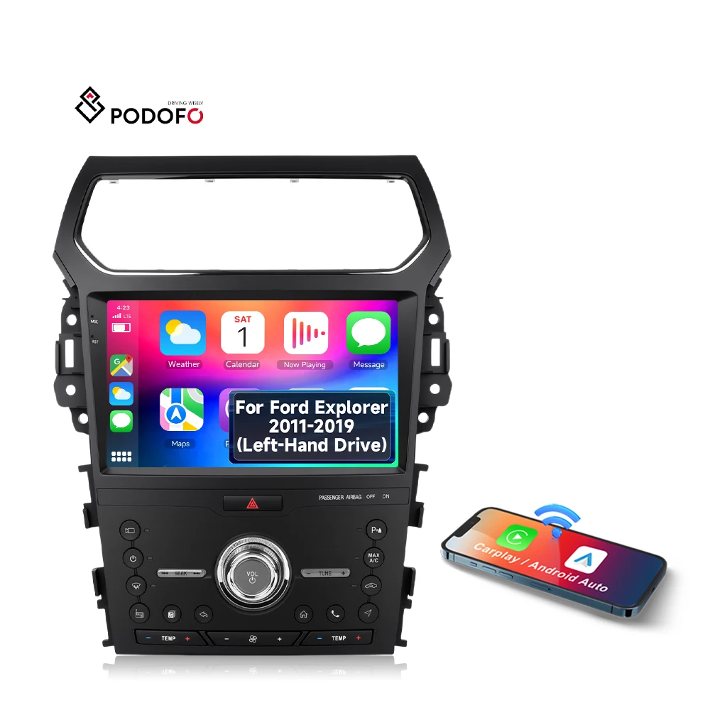 Autoradio Android Podofo 10 pouces, 4 Go + 64 Go, pour Ford Explorer 2011-2019, CarPlay sans fil / Android Auto, GPS, Wi-Fi, autoradio d’origine, fournisseur OEM A8510A3755/A8510