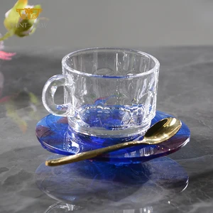 Cawa Drinking Applique Crystal Espresso Arabic Coffee Tea Glass Cups with Saucers Set