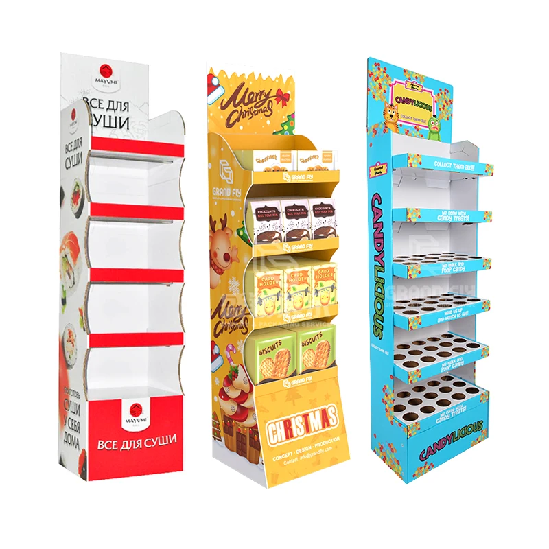 Custom Eco-friendly Advertising Snack Cardboard Display Stand Bread Corrugated Floor Display Shelf Potato Chips Biscuit Retail