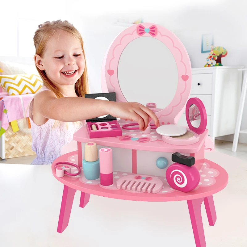 Fashion Princess Girls Makeup Set Wooden Dressing Table Toy Dresser