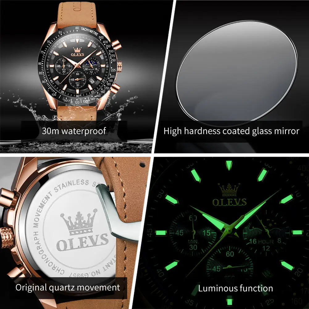 OLEVS Orologio Uomo Cronografo Multifunzione – 45mm, Cinturino Pelle Marrone, Impermeabile 30m, Luce Notturna