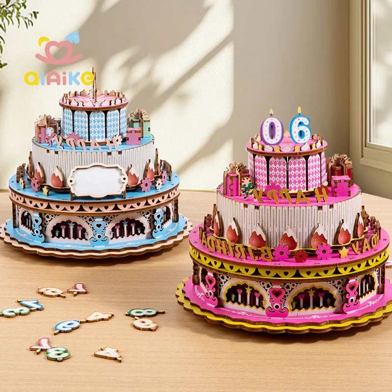 Interaktives 3D-Puzzle für Kinder, Puzzlespiel mit Bausteinen, pädagogisches DIY-Geburtstagskuchen-Musikdöschen, Holz-Musikdöschen mit Handkurbel, Geschenke