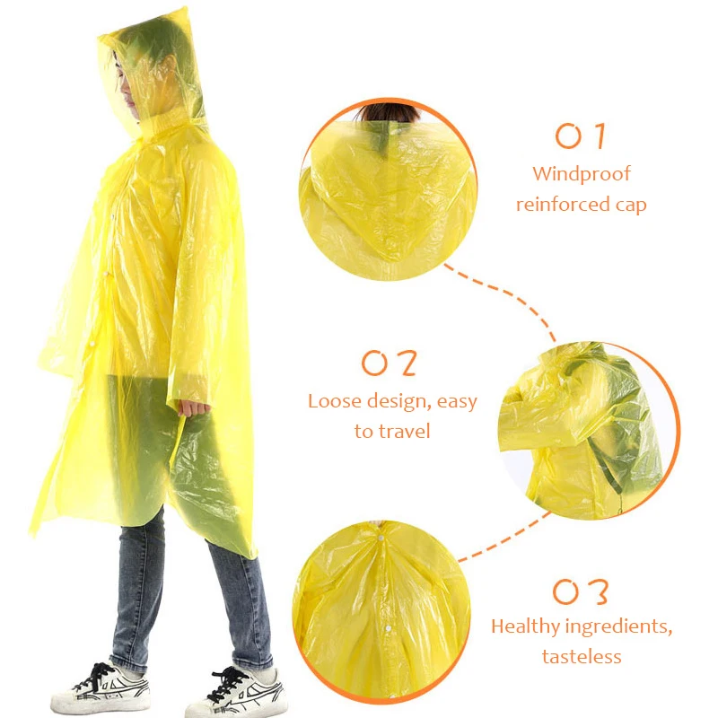 Free Sample for Poncho Disposable Rain Coat Hooded Raincoat for Adults Waterproof Plastic Material for Rainy Camping and Hiking