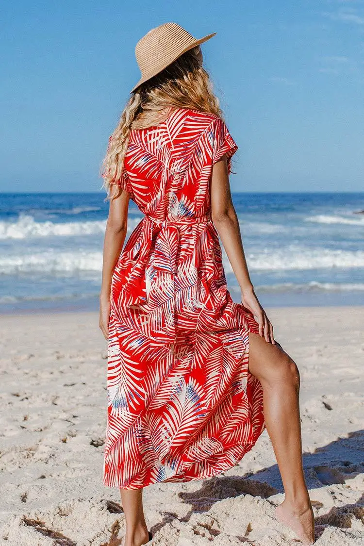 2022 venta al por mayor verano Mujer vacaciones playa Vestido Mujer cuello  pico moda estampado abrigo falda playa vestido