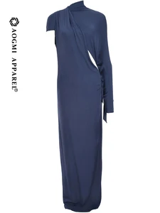 Luxurious Haute Couture Maxi Dress with Satin Fabric One-Shoulder Sleeve High Neckline Anti-Wrinkle & Breathable Features