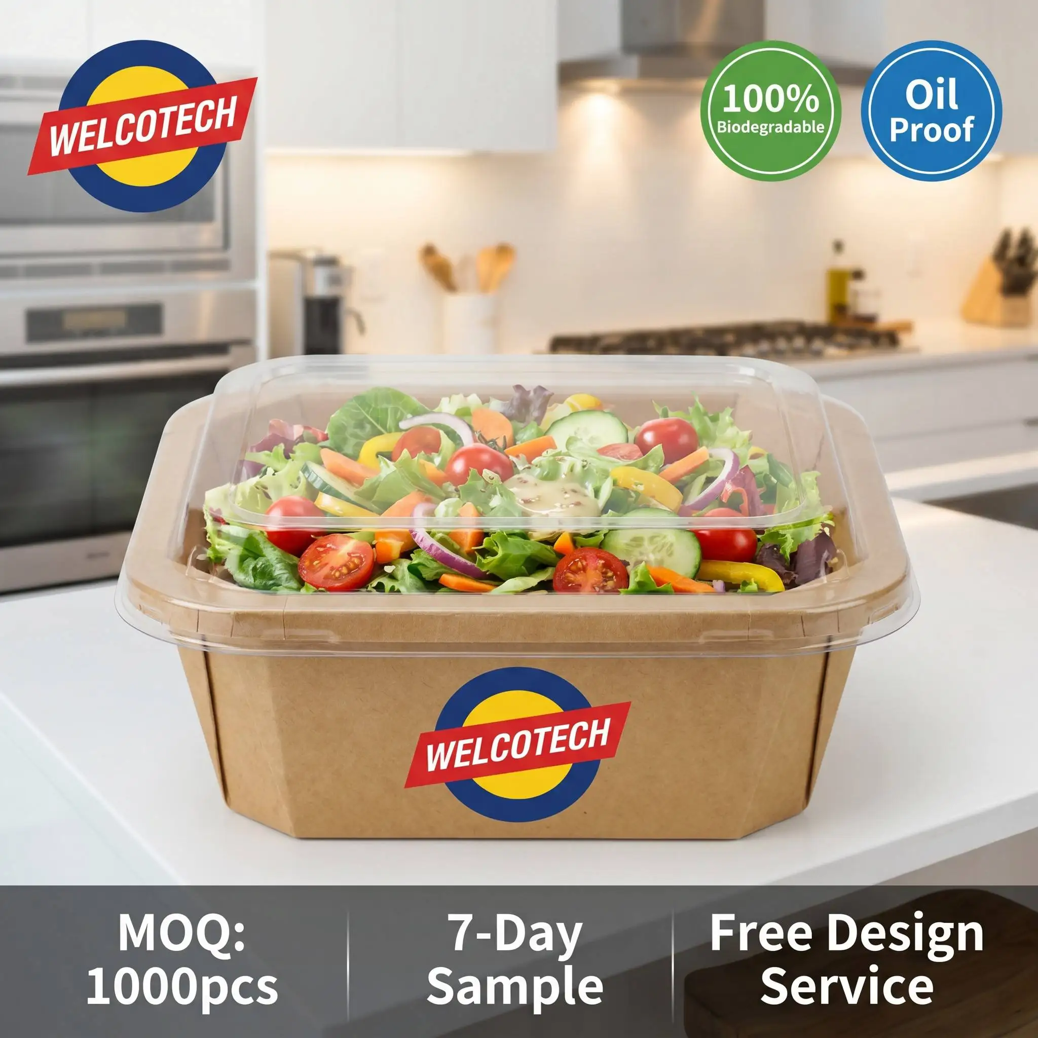 WELCOTECH Square Disposable Kraft Paper Lunch Box Custom Logo Biodegradable Salad Container With Lid