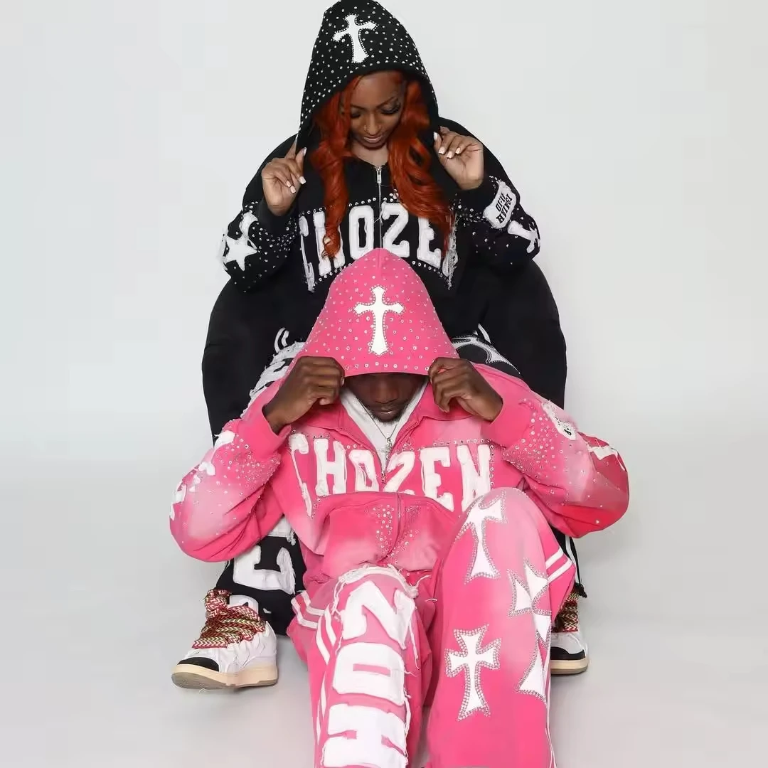 Custom Rhinestone Hoodie DTG Print 100% Cotton Full Cropped Raw Hem Hoodies Zipper Printing Hoodie French Terry gallery 2