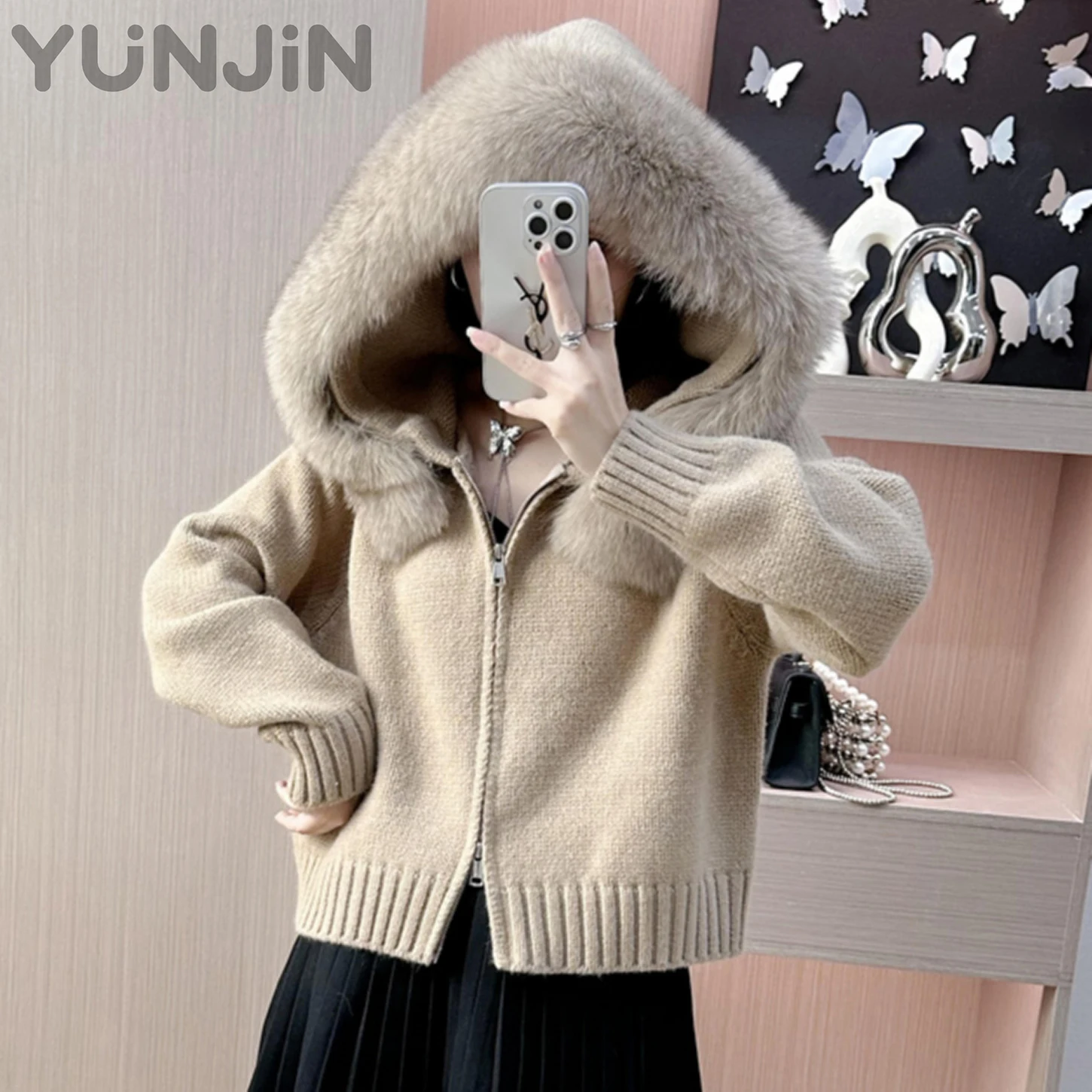 Fashion Autumn Real Fox Fur Trim Hood Women's