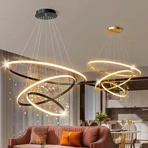 JACKSUN Modern LED Gold Chandelier 3 Ring Dimmable Circular 60+40+20cm Hanging Light Dinning Room Lightweight Aluminum Lamp