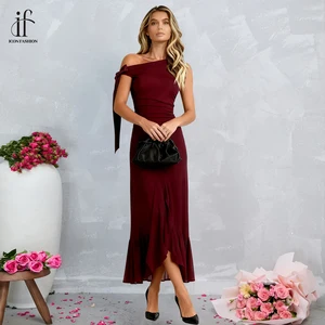 Fashion Wine Red One-Shoulder Evening Gown Empire Waist Maxi Dresses High Slit Ruffle Evening Dress for Prom Party