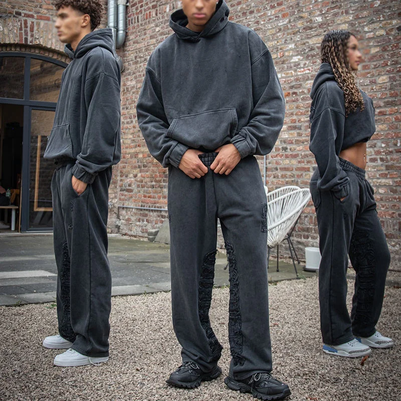 OEM Custom Embroidery Tracksuit Men and Woman Streetwear Plain Washed Pullover Hoodie and Sweatpants Set French Terry Sweatsuit gallery 4