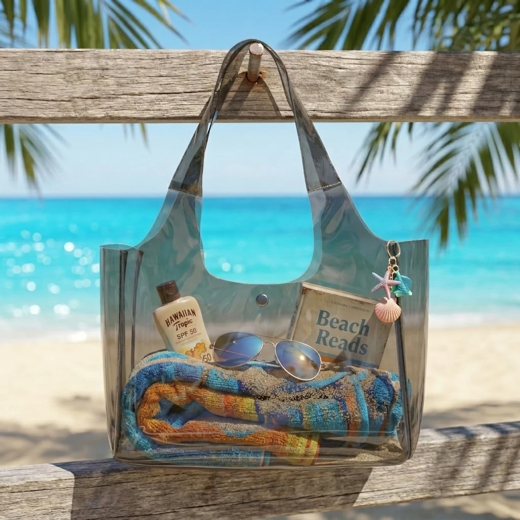 OEM Clear PVC Tote Bag for Beach Shopping Travel Smoky Grey Vinyl Carryall with Wide Handles Waterproof Shopping Tote for Women