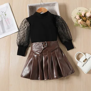 Autumn Girls 2pcs Sets 1 2 3 4 5 6Y Mesh Long Puff Sleeve Turtleneck Tops+PU Leather Pleated Skirts Suits Clothes for Kids