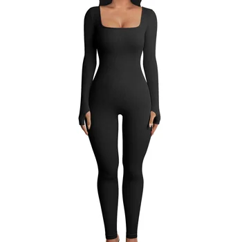 Women's Sporty Seamless Ribbed Jumpsuits Long Sleeved Yoga Shaping and Hip lifting Fitness Jumpsuits