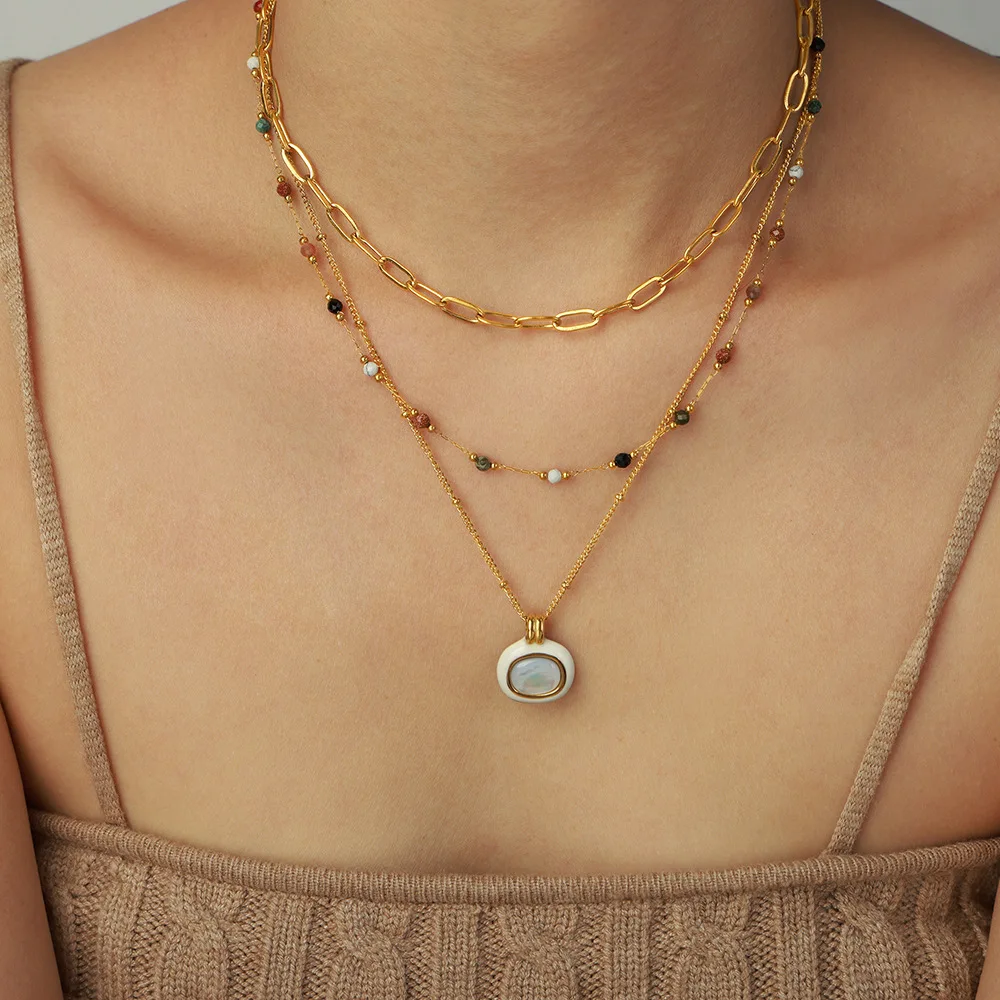 Joolim High End Stainless Steel Colorful Natural Stone Shell Pendant