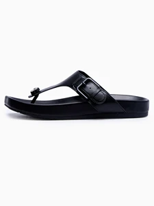 Men Black Leather Thong Sandals Buckle Accent Platform Sole Summer Beach Casual Comfort Walking Outdoor Shoes Wholesale