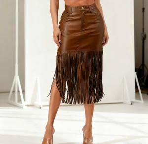 Women's Distinctive Retro Western Streetwear Tassel PU High Waist Knee-Length Wrap Hip Skirt Soft Button Decoration Autumn Music