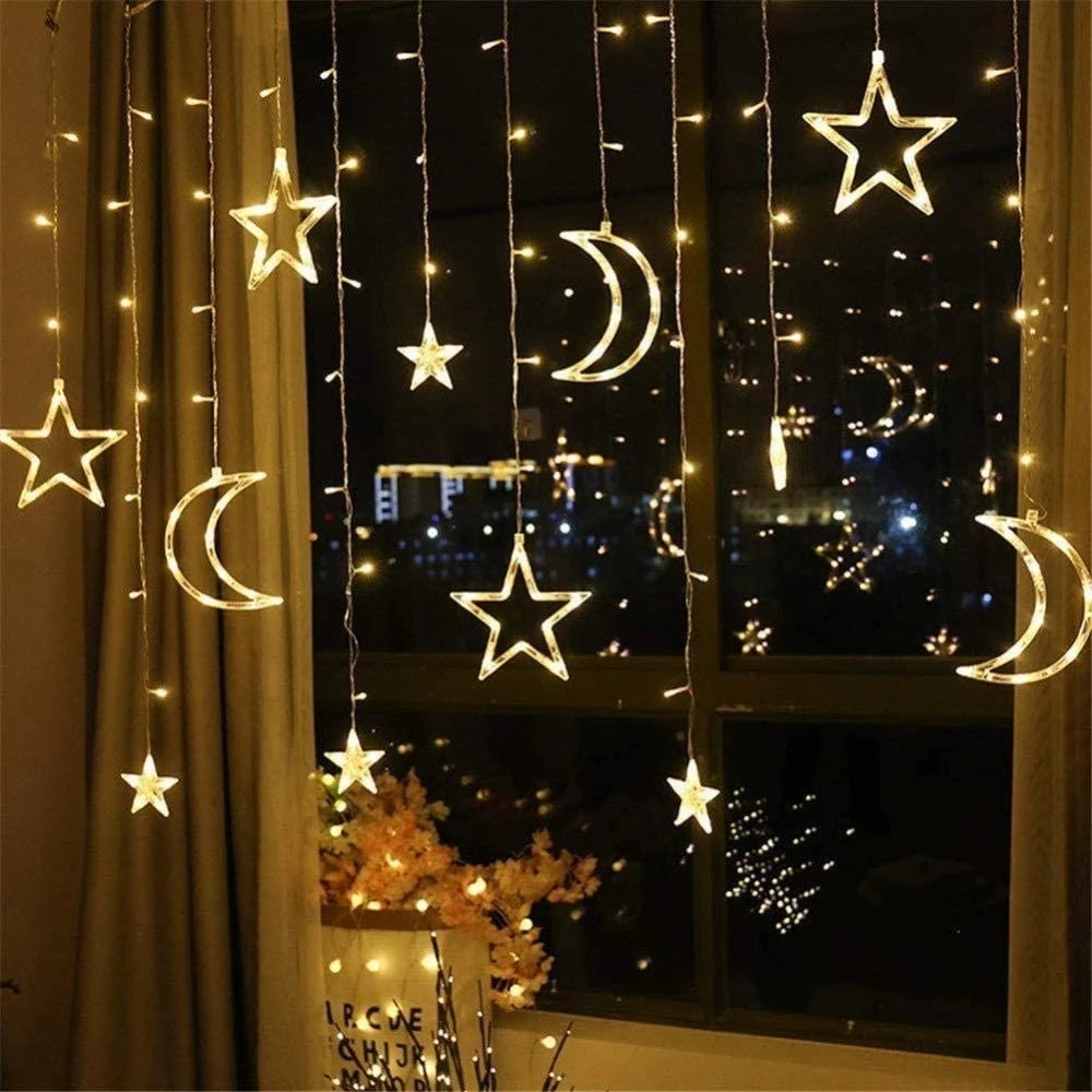 Moon Star LED Curtain Light String Garland Islamic Muslim Party Al Adha Ramadan Decoration EID Mubarak Decor for Home