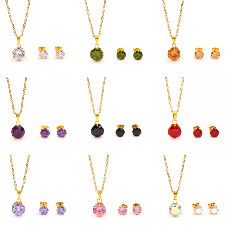 Fashion Stainless Steel Claw Setting Round Multicolor 3A Cubic Zirconia Necklace Earrings Jewelry Set  for Woman Italian Jewelry
