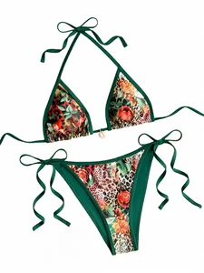 Solid Color 2-Piece Bikini Set Screen Digital Sublimation Swim Beach Wear with Knitting Pattern