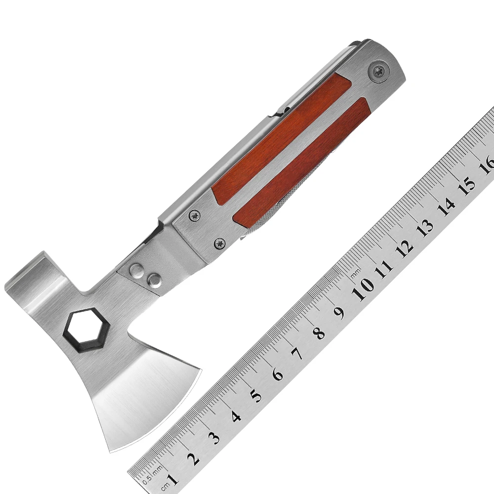 Mini 16 in 1 Wooden Handle  Multitool Portable Emergency Escape Axe Hammer Outdoor Survival Multitool Kit