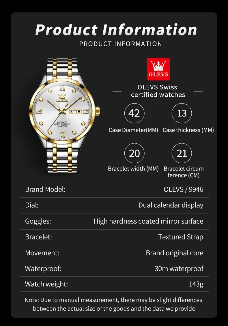 OLEVS 9946 Classic Stainless Steel Material Automatic Movement Dual Calendar Diamond Gold Dial Mechanical for Men Luminous Watch