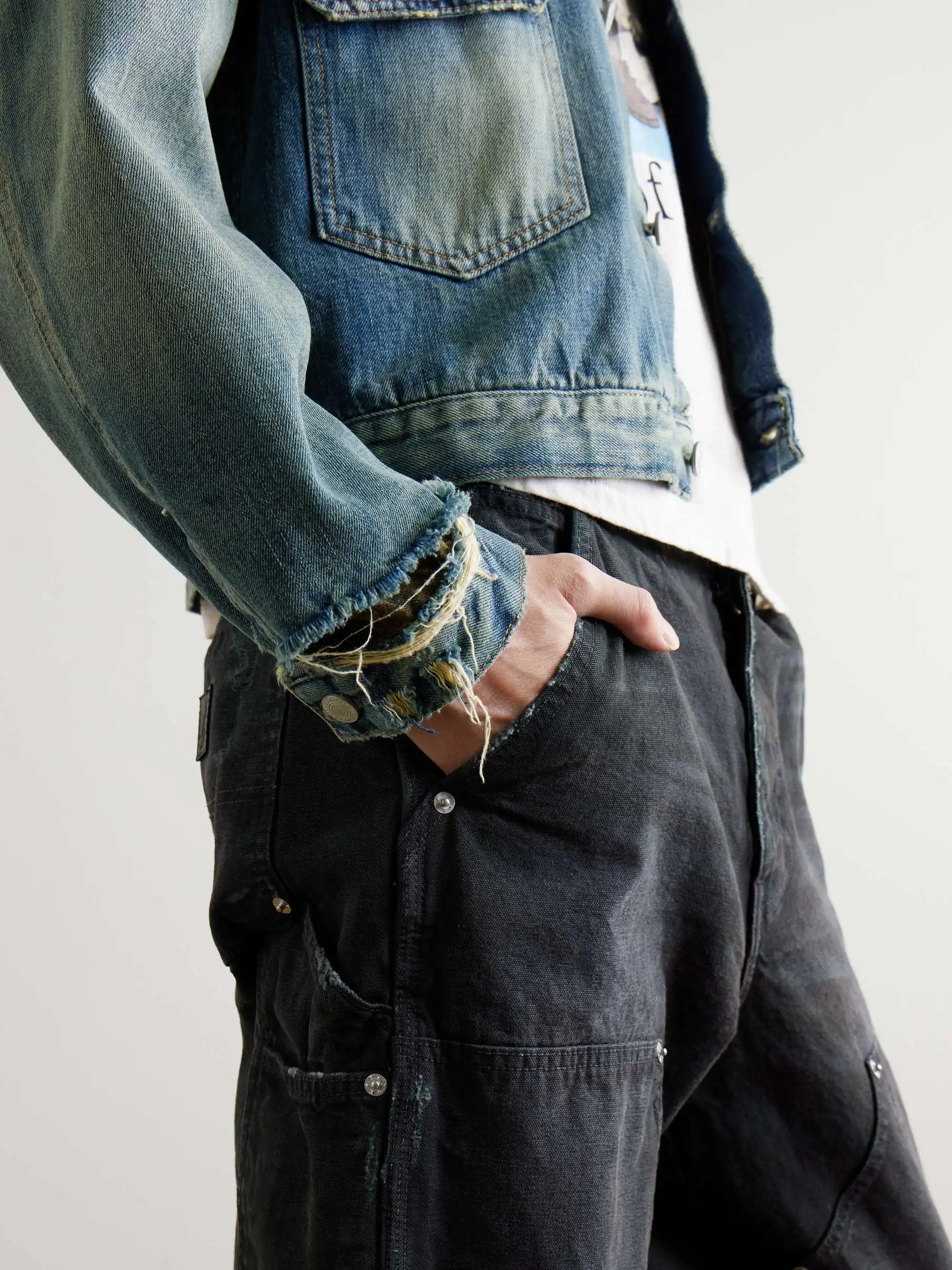 Kodo Men's Distressed Panelled Denim Jacket Loose and Comfortable