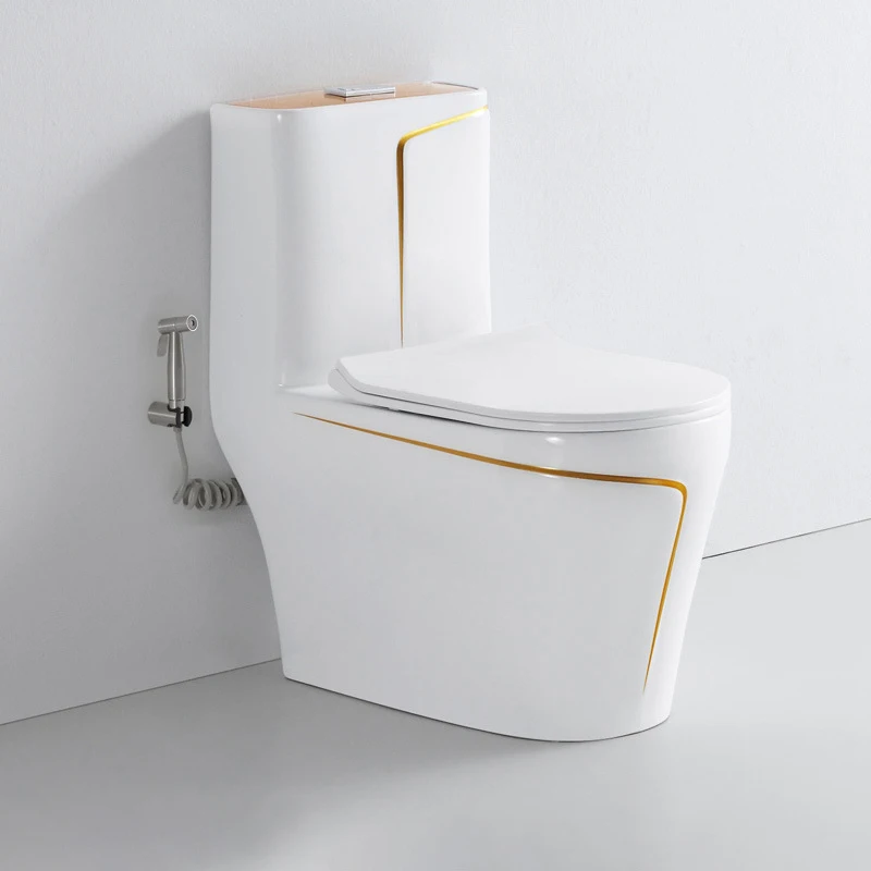 Bathroom wc one piece ceramic sanitaryware commode toilets luxury golden white and gold color toilet bowl with gold rim factory