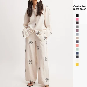 Women's Casual Fashion One-Set Flower Embroidered Long-Sleeved Shirt with Retro Loose Pants Outfit 2 Piece Sets