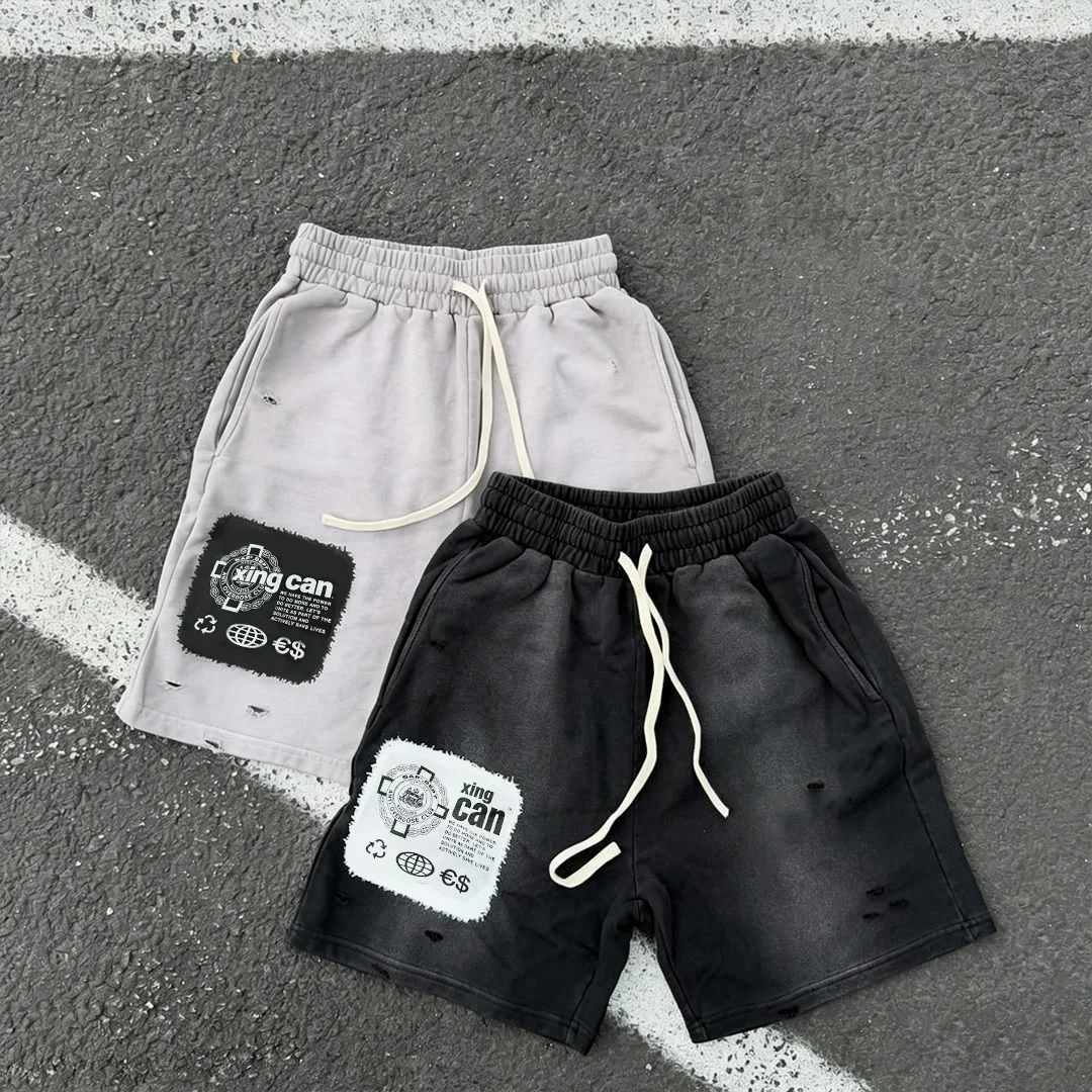 Lekkie letnie męskie szorty streetwear z bawełny o dużej gramaturze, z cyfrowym nadrukiem DTG, gumką w pasie i sznurkiem do regulacji