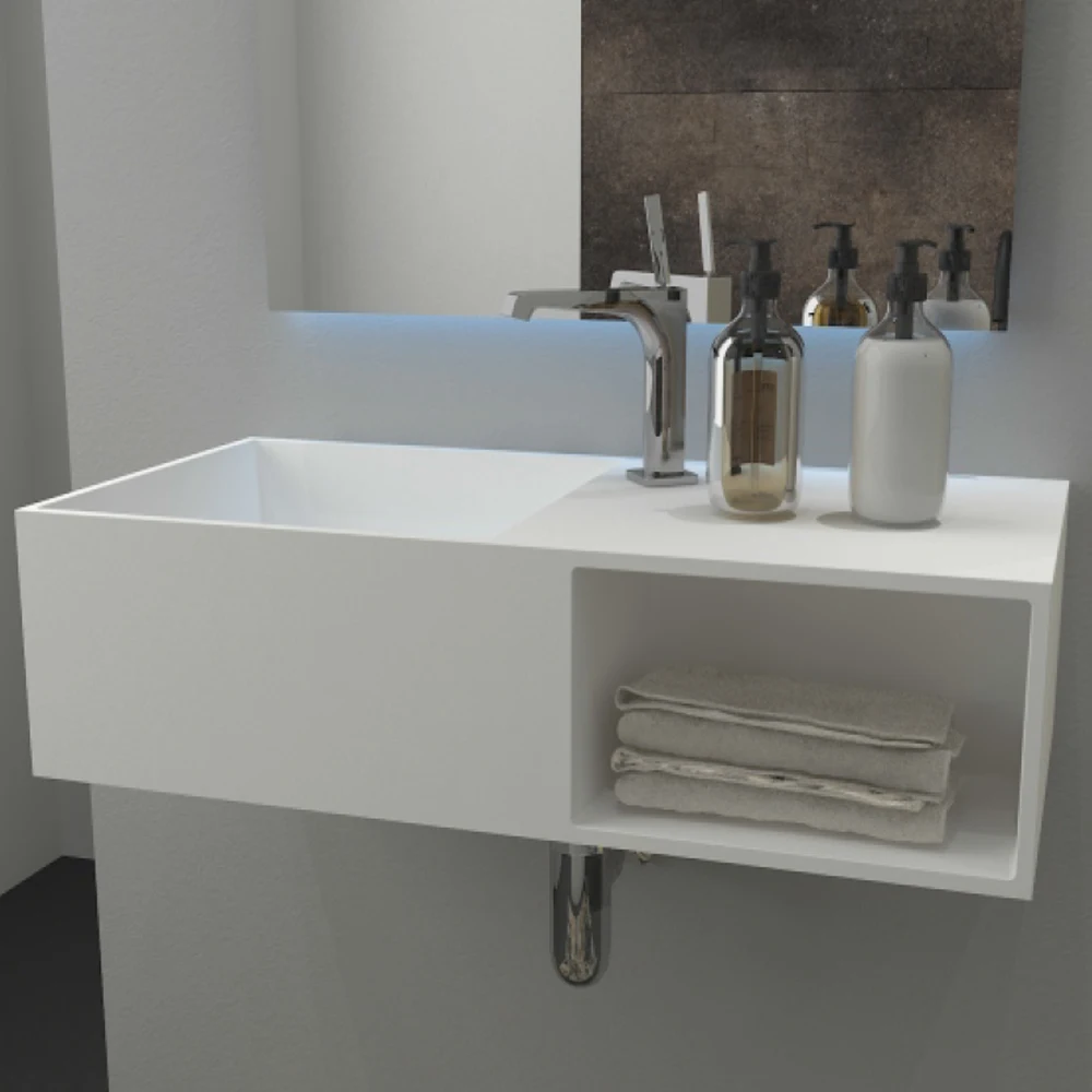 Modern Design Rectangle Acrylic Solid Surface Lavatory Wash Basin Wall Hung Bathroom Wash Hand Basin
